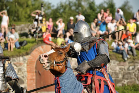 Knight on horse tournaments historic festival, fortress Corell, Priozersk, Russia のeditorial素材