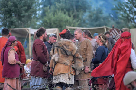 Medieval feast, the festival of historical reconstruction of the early Middle Ages, Volkhov, Russia のeditorial素材