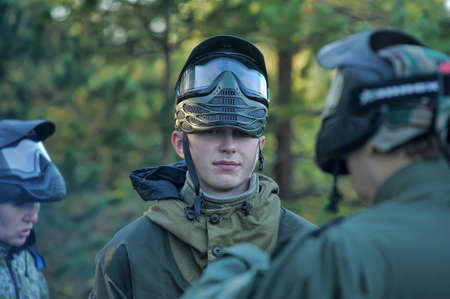 Paintball players in full gear at the shooting range, tournament in St  Petersburg, Russia のeditorial素材