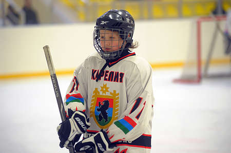 Children playing hockey on a city tournament St  Petersburg, Russia のeditorial素材