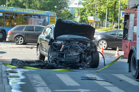 Rescuers and FEMA had an accident around the car, Petersburg, Russia.のeditorial素材