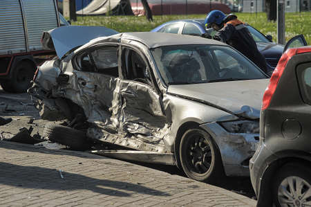 Rescuers and FEMA had an accident around the car, Petersburg, Russia.のeditorial素材