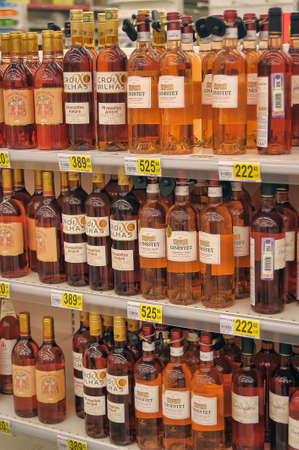 Wine on supermarket shelves, in St. Petersburg, Russia.のeditorial素材