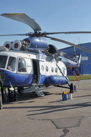 White with blue police helicopter, St. Petersburg, Russiaのeditorial素材