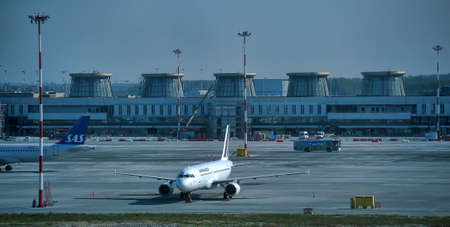 Saint Petersburg, Russia, kind on a building of the airport of Pulkovo from a runway.のeditorial素材