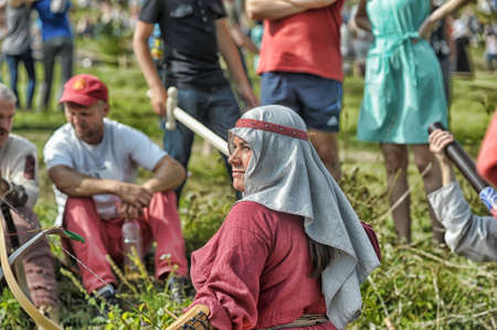 Unidentified archer during Medieval Festival , Iron Castle, Izborsk Russia.