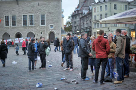 English football fans celebrate victory in Tallinn football team at the Town Hall Square.のeditorial素材
