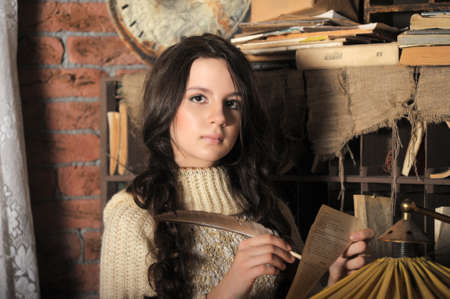 Girl in the old officeの写真素材