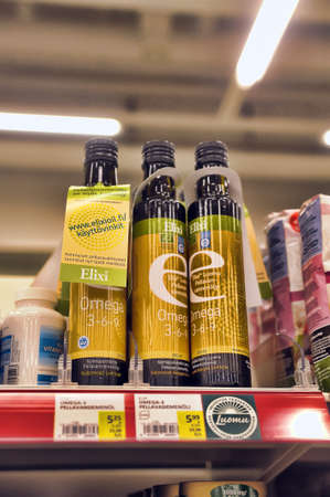 Vitamins on supermarket shelves, Imatra, Finland.のeditorial素材