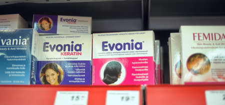 Vitamins on supermarket shelves,Lapenranta, Finland.のeditorial素材