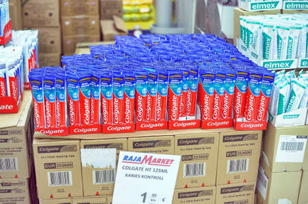 Toothpaste on the supermarket shelves, Lapenranta, Finland.