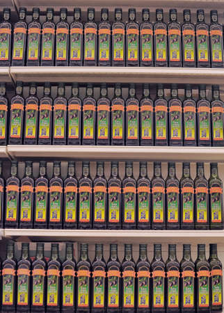 Olive oil on the supermarket shelf Auchan, St. Petersburg, Russia.のeditorial素材