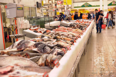 Fresh fish in the supermarket Auchan, St. Petersburg, Russia.のeditorial素材