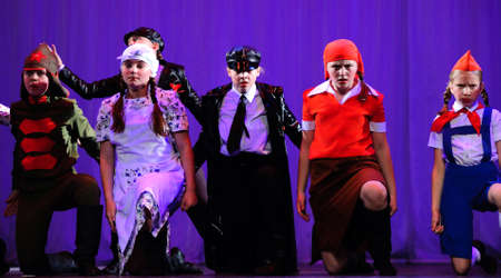 Childrens dance ensemble, Dance Lenin so young in the spirit of Soviet Socialist Revolution, St. Petersburg, Russia.のeditorial素材