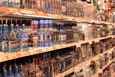 Vodka on the shelves in a supermarket, St. Petersburg, Russia.のeditorial素材