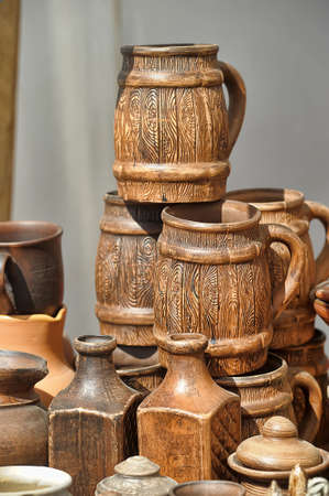 Handmade clay pots In a workshop.の写真素材