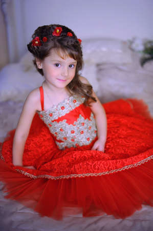 Small dark-haired girl in a red dress smart princess.の写真素材