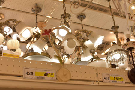 Chandeliers in the store Leroy Merlin, St. Petersburg, Russia.のeditorial素材