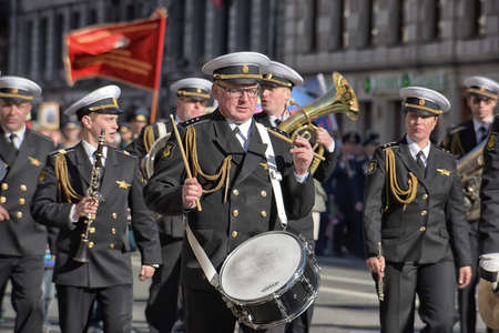 A military band at the parade in honor of the victory. St. Petersburg, Russia.のeditorial素材
