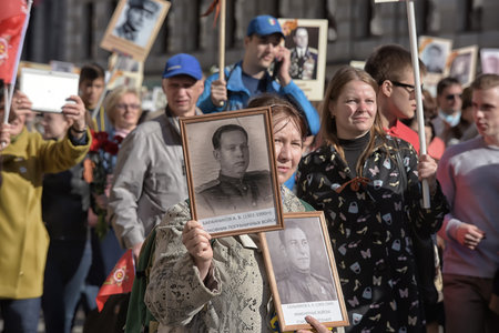 The action Immortal regiment on Victory parade. People go with portraits of their relatives, who...
