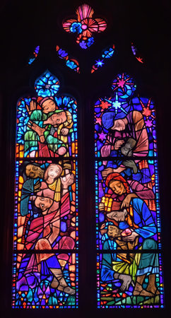 Symbols of war and peace in a stained-glass window in the National Cathedral in Washington DC The...