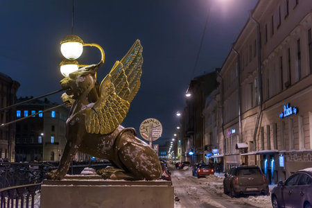 Bank bridge winter night, St. Petersburg, Russia.のeditorial素材