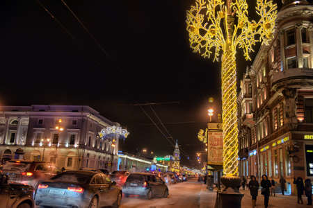 Nevsky prospect with Christmas lightsのeditorial素材