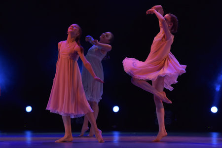 Girls in pink air dresses dancing on stage, Theater of Choreographic Miniatures Style, Performance...