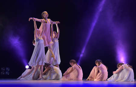 Girls in pink air dresses dancing on stage, Theater of Choreographic Miniatures Style, Performance in St. Petersburg, Russiaのeditorial素材