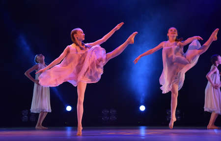 Girls in pink air dresses dancing on stage, Theater of Choreographic Miniatures Style, Performance in St. Petersburg, Russiaのeditorial素材