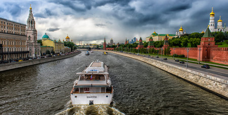 Russia, Moscow, 22,06,2017 Small ship near the Kremlin wall in Moscowのeditorial素材