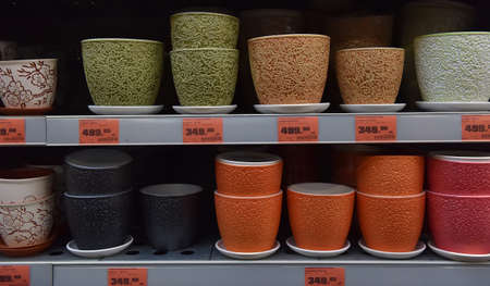 Russia, St.Petersburg, 22,07,2017 Flower pots in a large supermarketのeditorial素材