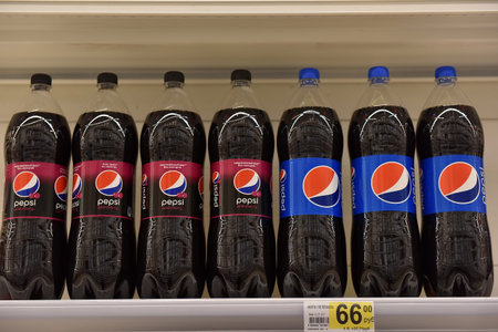 Russia, St. Petersburg, 22,07,2017 Coca Cola and Pepsicola on the shelves in the supermarket