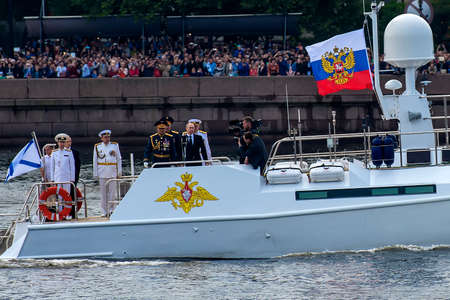 Russia, St. Petersburg, July 30, 2017 A ceremonial parade for the Day of the Russian Navy. The President of the Russian Federation congratulates the Russian Navy in St. Petersburgのeditorial素材