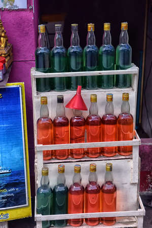 Thailand, Ko Chang, 05,07,2017 Bottles in bottles in the street storeのeditorial素材