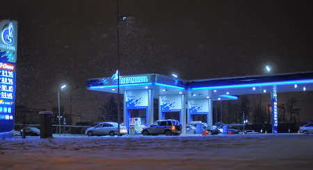 Russia, St. Petersburg, 18,01,2014 Gas station Gazpromneft in the winterのeditorial素材