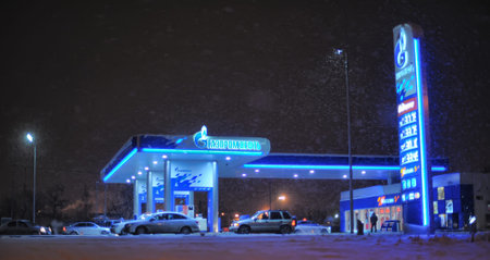 Russia, St. Petersburg, 18,01,2014 Gas station Gazpromneft in the winterのeditorial素材