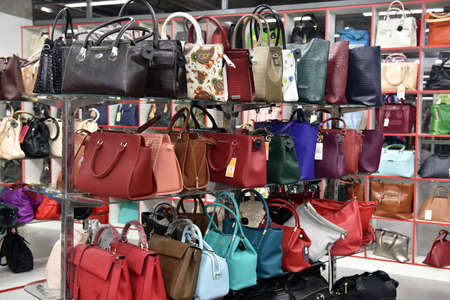 Russia, St. Petersburg 10,09,2017 A variety of women's leather bags in the storeのeditorial素材
