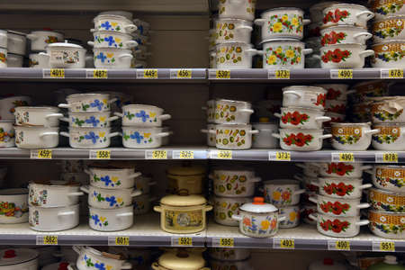 Russia, St. Petersburg 10,09,2017 Cooking pots in the supermarketのeditorial素材