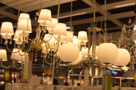 Russia, Saint-Petersburg, 15,03,2015 Various lighting fixtures, lamps and nightlights in the Ikea storeのeditorial素材