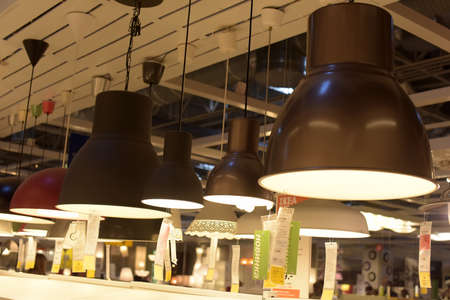 Russia, Saint-Petersburg, 15,03,2015 Various lighting fixtures, lamps and nightlights in the Ikea storeのeditorial素材