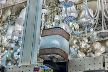 Russia, St. Petersburg, 01,10,2017 Lusters and lamps exhibited in the store for sale