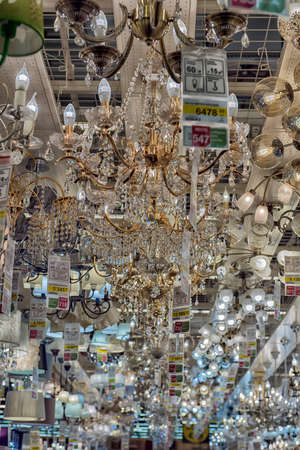 Russia, St. Petersburg, 01,10,2017 Lusters and lamps exhibited in the store for saleのeditorial素材