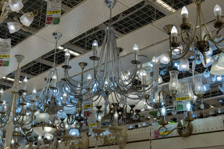Russia, St. Petersburg, 01,10,2017 Lusters and lamps exhibited in the store for saleのeditorial素材