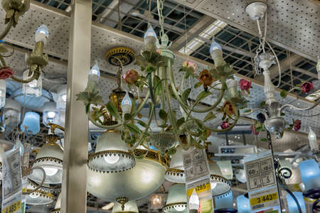Russia, St. Petersburg, 01,10,2017 Lusters and lamps exhibited in the store for saleのeditorial素材