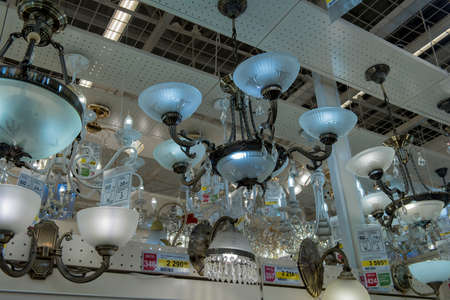 Russia, St. Petersburg, 01,10,2017 Lusters and lamps exhibited in the store for saleのeditorial素材