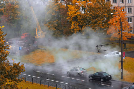 Russia, St.Petersburg 06.10.2017 Breakthrough of the pipeline with hot water, Repair of water supplyのeditorial素材