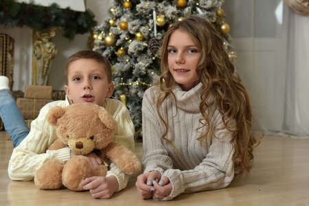 sister of a teenager and boy with a teddy bear at a Christmas tree in the Christmas,の写真素材