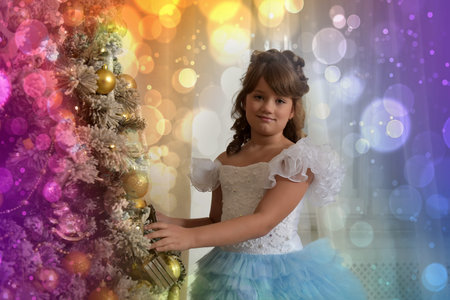 Young princess in white with blue elegant dress at Christmas tree at Christmasの写真素材