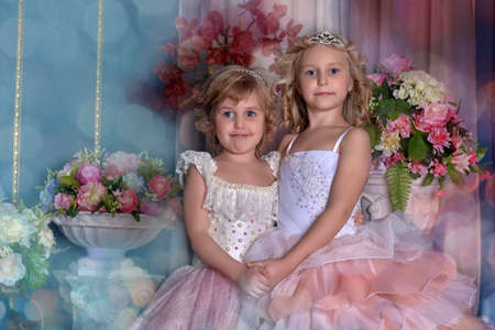 two charming princess sisters, wearing pink dressesの写真素材